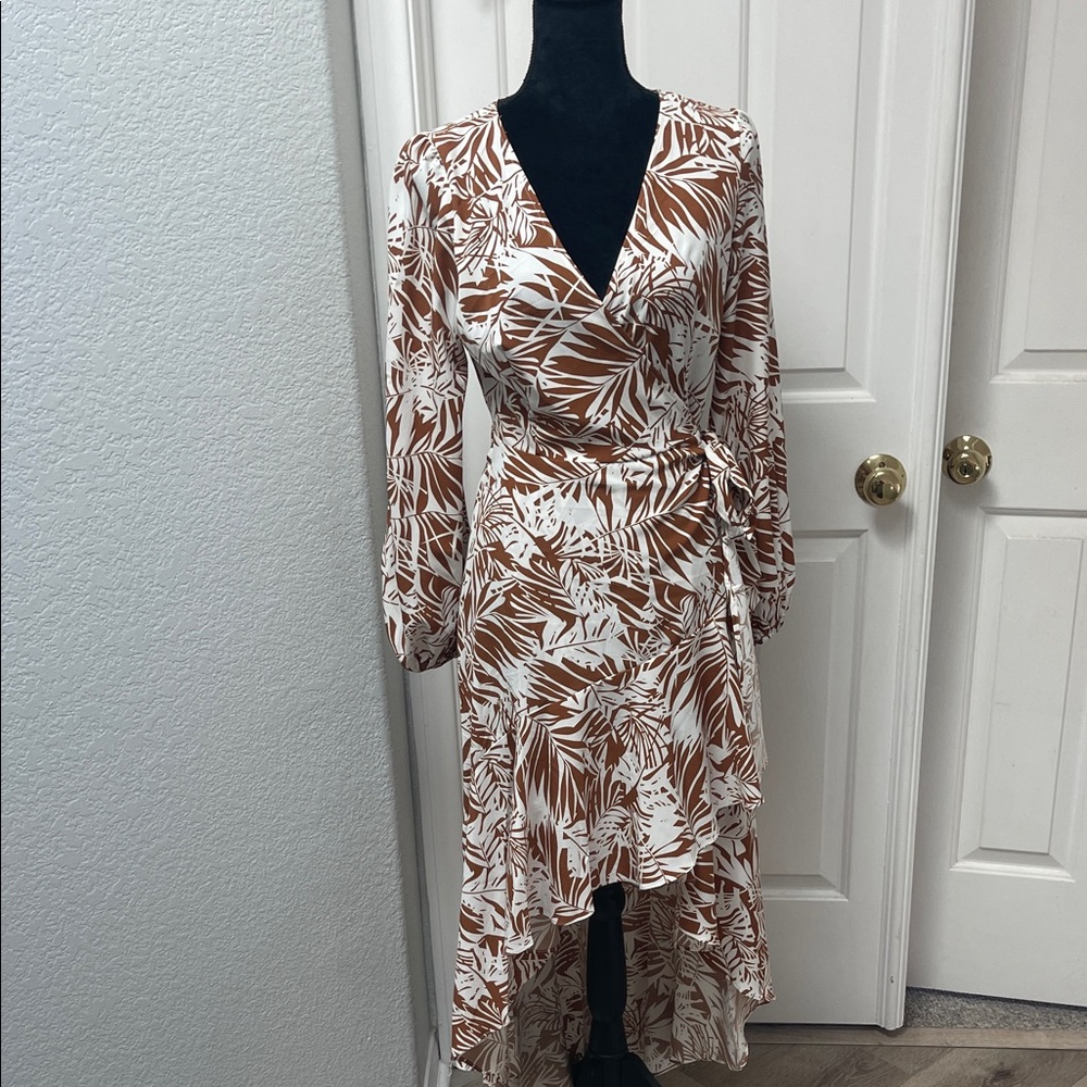 Womens Brown and White Palm-Print hi-lo Wrap Dress